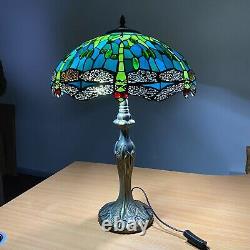 Lampe de table Tiffany 16 pouces, style libellule verte en verre teinté vert