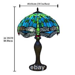 Lampe de table Tiffany 16 pouces, style libellule verte en verre teinté vert