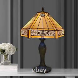 Lampe de table Tiffany de 16 pouces en jaune antique, abat-jour de style hexagonal en vitrail au Royaume-Uni.