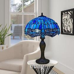 Lampe de table de style libellule bleu Tiffany de 16 pouces avec abat-jour en verre coloré fait main