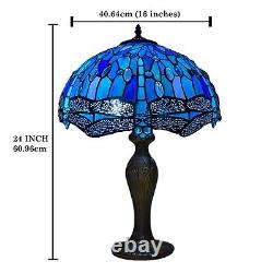 Lampe de table de style libellule bleu Tiffany de 16 pouces avec abat-jour en verre coloré fait main