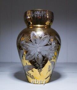 Large Antique Verre D'art Tchèque Cristal Or Gilt Coupé À Clair Vase Floral