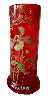 Legras Vase En Verre Art Nouveau Rouge'nancy' Gilded & Fleurs Stylisées Émaillées