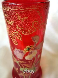 Legras Vase En Verre Art Nouveau Rouge'nancy' Gilded & Fleurs Stylisées Émaillées