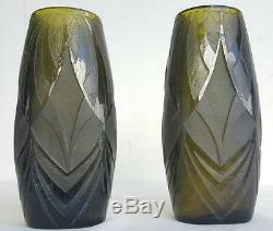 Legras Vase Paire De Débuts Grave Xxe Signe Vase Soliflore Verre Acide Art Deco