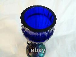 Loetz Art Nouveau Glass Blue Iridescent Bohemian Veined Cattail Bronze Vase