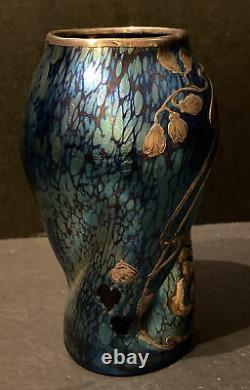 Loetz Blue Iridescent Glass Twist Vase Sterling Silver Superposition Art Nouveau 1900