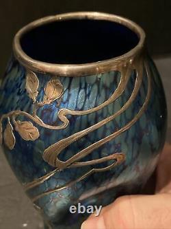Loetz Blue Iridescent Glass Twist Vase Sterling Silver Superposition Art Nouveau 1900