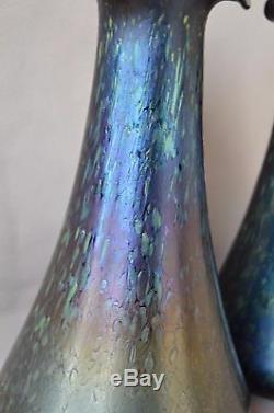 Loetz Cobalt Papillon Bleu Irisé Verre Autrichien Art Paire De Vases