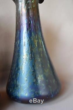 Loetz Cobalt Papillon Bleu Irisé Verre Autrichien Art Paire De Vases
