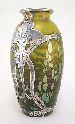 Loetz Cytisus Métallique Jaune Citron Art Vase En Verre Alvin Sterling Overlay 7 T