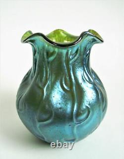 Loetz Neptun Silberiris 5 Vase En Verre D’art Antique Iridescent Bleu Iridescent