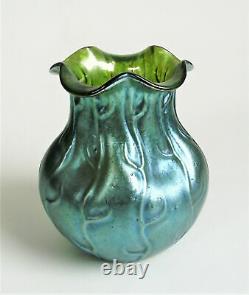 Loetz Neptun Silberiris 5 Vase En Verre D’art Antique Iridescent Bleu Iridescent