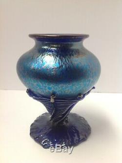 Loetz Phanomenen Art Glass Vase. Bohême. Spider Web Application. Bleu Taches D'huile