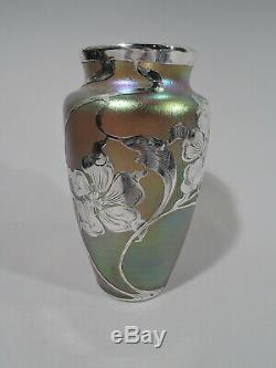 Loetz Vase Antique Art Nouveau Bohème Tchèque En Verre Et En Argent Overlay