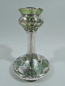 Loetz Vase Art Nouveau Antique Autrichien Bohème Verre Vert Argent Overlay