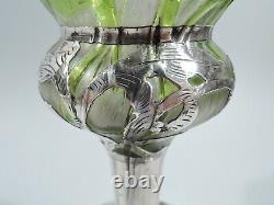 Loetz Vase Art Nouveau Antique Autrichien Bohème Verre Vert Argent Overlay