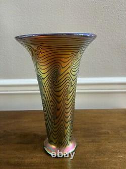Lundberg Studios 2002 Iridescent Swirl Gold Van Gogh Art Glass Flare Vase 12.5