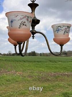 Lustre gothique en laiton à 3 bras avec abat-jour en verre de style Art Nouveau ancien et vintage