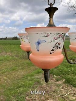 Lustre gothique en laiton à 3 bras avec abat-jour en verre de style Art Nouveau ancien et vintage