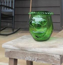 MID Century Modern MCM Blenko Green Clown Face Vase Glass Art Joel Myers Design