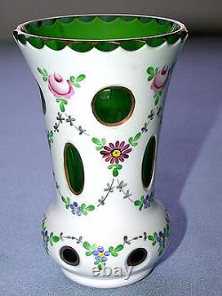Magnifique Antique Tchécoslovaquie Moser Coupe Vase En Verre D'art Blanc À Vert