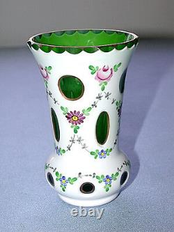 Magnifique Antique Tchécoslovaquie Moser Coupe Vase En Verre D'art Blanc À Vert