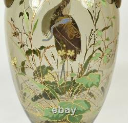 Magnifique Grand Art Nouveau C1900 Peint À La Main Harrach Bohème Verre Vase De Héron