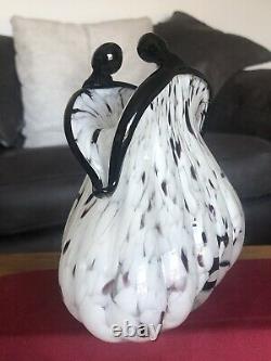 Magnifique Vase En Verre D'art Italien À La Main Vintage Noir Et Blanc Non Marqué