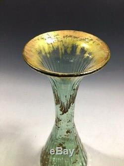 Magnifique! Vase Vintage Moser Green Art En Verre Email Doré 11 1 / 2h