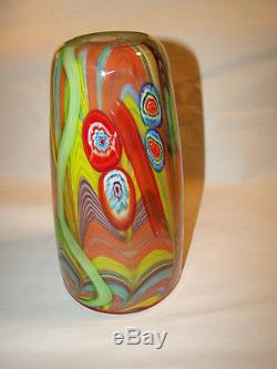 Milieu Du Siècle Moderne, Verre D'art Murano Vase Multicolore & Mille Flore Avec Étiquette D'origine