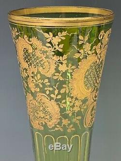 Moser Antique Art Grand Vase En Verre Vert Avec Rococo Rich Or Décoration