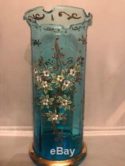 Moser Antique, Bohême Art Harrach Verre Lourd Or Vase Émaillé Fleurs 11 H