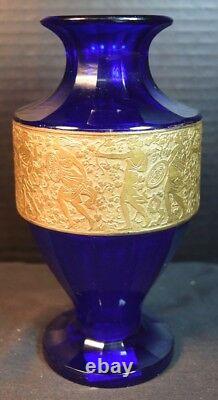 Moser Art Déco Cobalt En Verre Bleu, Or Frieze Vase