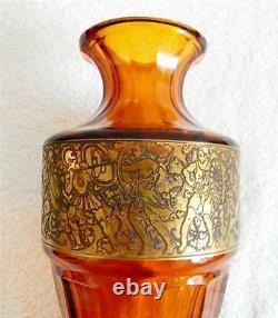 Moser Art Vase En Verre Ambre Couleur- Doré Or Figural Scène Bande