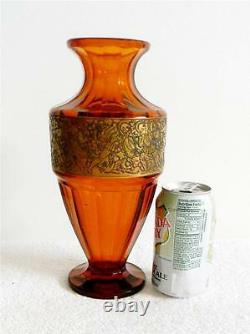 Moser Art Vase En Verre Ambre Couleur- Doré Or Figural Scène Bande