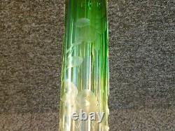Moser Karlsbad Floral Vert Intaglio Coupe Vase En Verre D'art Fabriqué En Tchécoslovaquie