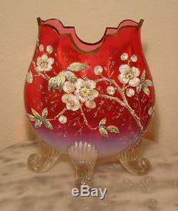 Moser Ruby Opalescent Doré Pieds Art Vase Oreiller En Verre Coralene Décoré