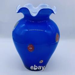 Murano Art Glass Millefiori Blous À La Main Cobalt Bleu Casé Scalloped Vase 10t 6w