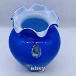 Murano Art Glass Millefiori Blous À La Main Cobalt Bleu Casé Scalloped Vase 10t 6w
