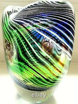 Murano Art Verre À Main Blown Vase Vert/blue Stripe 17cms H (2,4kg Très Lourd)