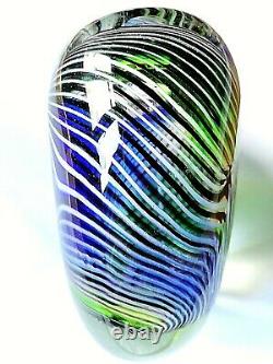 Murano Art Verre À Main Blown Vase Vert/blue Stripe 17cms H (2,4kg Très Lourd)