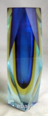 Murano Italien Somerso Faceted Prism Block Art Vase En Verre Or Bleu 6 1/2