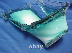 Murano Turquoise Bleu Et Blanc Goutte D'eau Glass Art Vase Bol Dish 11