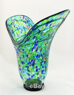 Nouveau 15 Vase Art Verre Soufflé Bleu Vert Cannelé Italien Décoratif
