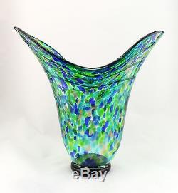 Nouveau 15 Vase Art Verre Soufflé Bleu Vert Cannelé Italien Décoratif