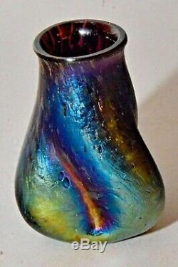 Old Loetz Art Glass Vase Forme Organique En Iridescent Deep Blue Withgreen Clignotements