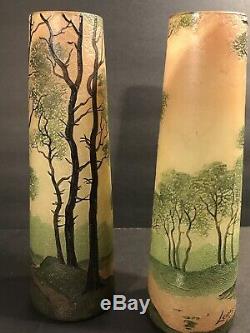 Paire De Antique Signée Legras Français Art Glass Vase / Cameo & Émail / 1925 Circa