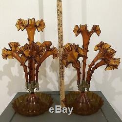 Paire / Ensemble De L'ère Victorienne Antique Art Glass Vase Ambre Épergne 4 Cornes, Cb15