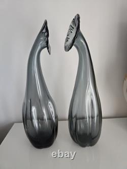 Paire de vases en verre artistique fumé gris scandinave des années 50, 47 cm, en très bon état